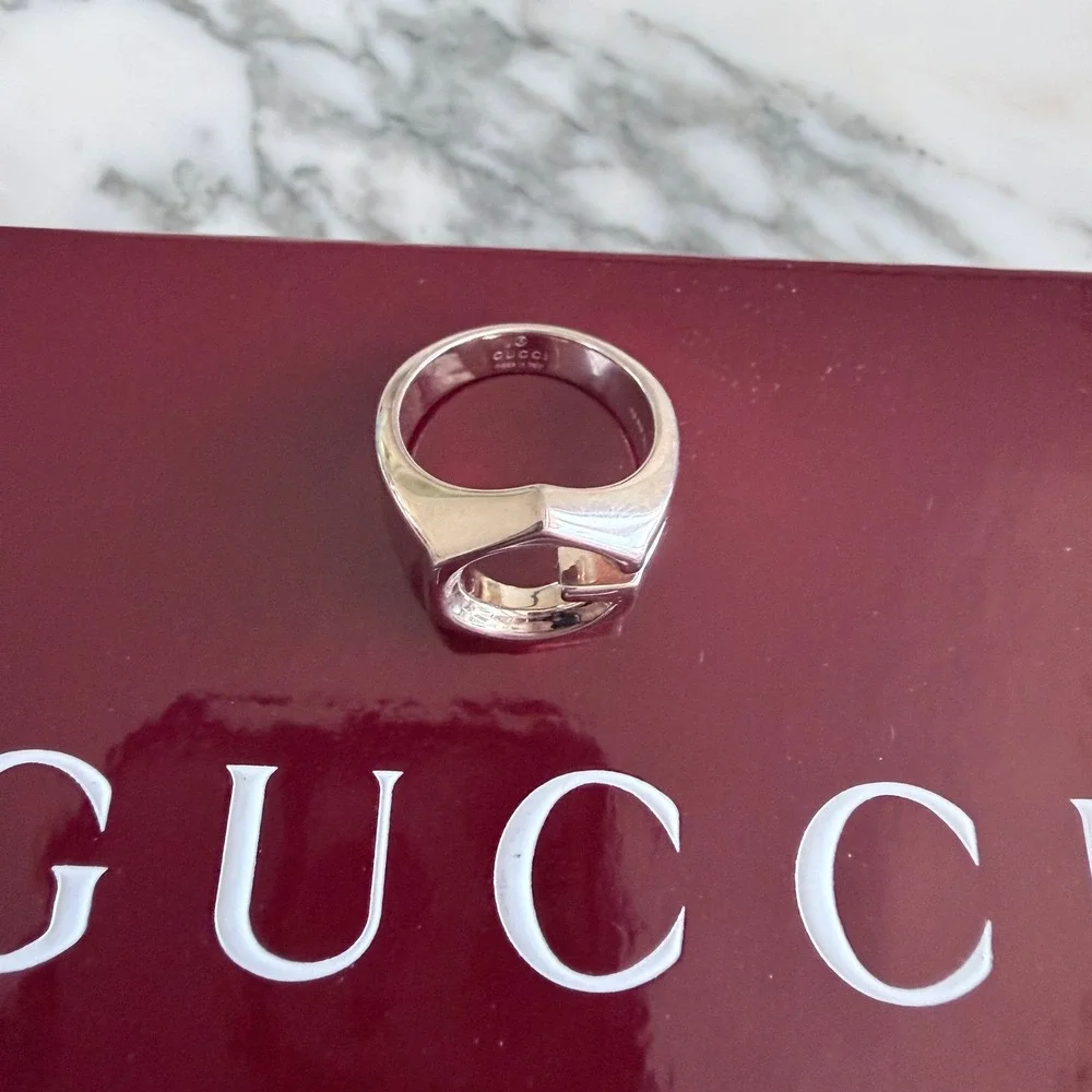 Gucci Sterling Silver Hexagon G Logo Ring Made in Italy Statement Band size 15